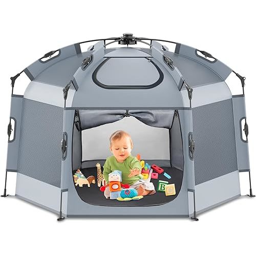 Pop up Playpen with Canopy - Portable Baby Beach Tent - Outdoor Baby Playpen - Indoor & Outdoor Play Yard for Babies, Foldable, Portable, Lightweight & Travel Bag - Gray