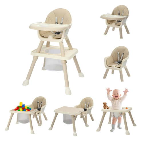 Zimtown Baby High Chair, 6 in 1 Convertible High Chairs for Babies and Toddlers, Portable Feeding Chair with 5-Point Safety Harness, Adjustable Dining Tray, Beige