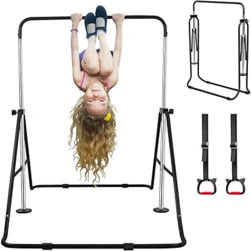 Expandable Gymnastics Bars with Ring, Adjustable Height Gymnastic Horizontal Bars, Gym Junior Training Bar Children Folding Training Monkey Bars for Kids