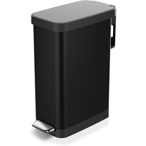 Glad Slim Trash Can with Clorox Odor Protection - Narrow Kitchen Garbage Bin with Soft Close Lid, Step On Foot Pedal and Waste Bag Roll Holder, Black, 12 Gallon/45 Liter
