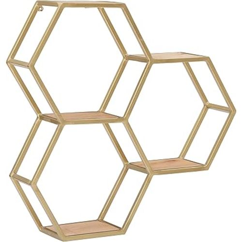Powell Dealya Gold Metal Honeycomb Wall Shelves with Wood Shelves