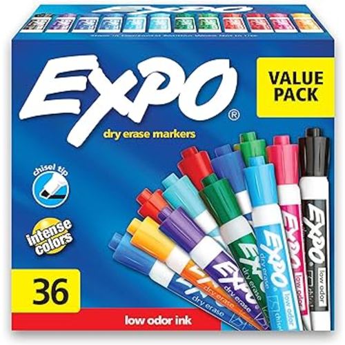 EXPO Low-Odor Dry Erase Markers, Chisel Tip, Assorted Colors, 36 Count