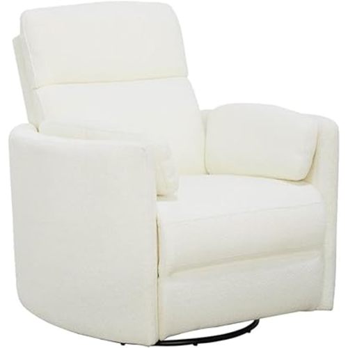 Radius Contemporary Chenille Fabric Power Swivel Glider Recliner with Luxurious Foam, USB Charger, Chaise-Style Footrest, 240-Degree Swivel, in Revel Oyster/White Finish