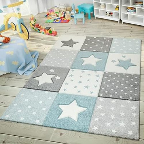 Paco Home Kids Rug for Nursery Checkered with Dots & Stars in Blue White Grey, Size: 5'3" x 7'7"