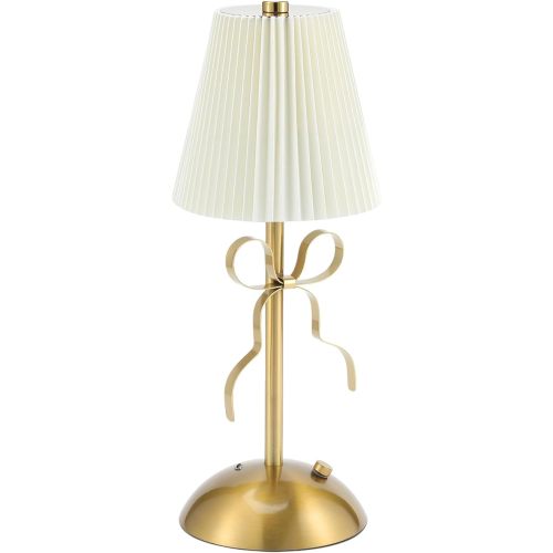CryzhalinX Cordless Table Lamp,Small Desk Lamp with 3 Color,Touch Dimmable Bedsdie Lamps,Bow Lamp with Fabric Shade,LED Night Light for Girls Room Princess Room Decor(Gold)