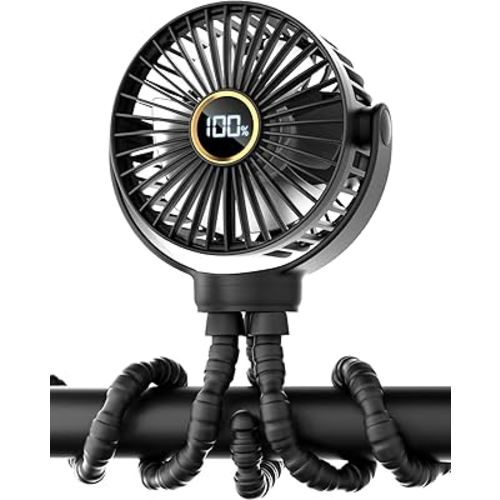 3.5" Battery Powered Baby Stroller Cooling Fan, 3-Speed Rechargebale Tripod Fan with 360 Degree Rotation, Quiet Portable Fan with LED Display, Great for Car Seat, Crib, Bike, Treadmill, Black