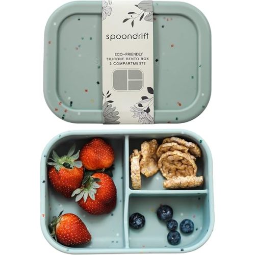 Spoondrift Eco-Friendly Leak-Proof Silicone Bento Box Lunchbox, For Child And Adult, 3 Compartment,3 Colors, Cream, Green, and Rose (Green)