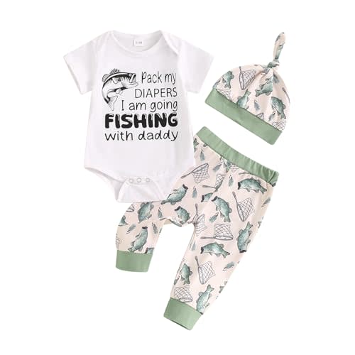 Lamuusaa Newborn Baby Boy Outfits Short Sleeve Letter Print Romper Fish Patterns Long Pants Hat 3Pcs Summer Clothes 0-18M