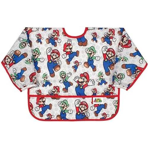 Bumkins Bibs, Baby and Toddler Girls and Boys 6-24 Months, Long Sleeve, Essential Must Have for Eating, Feeding, Mess Saving Lightweight Waterproof Fabric Sleeved Smock, Nintendo Mario and Luigi