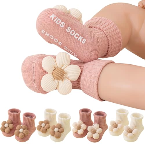 CCREDONE 4Pairs Baby Boy Girl Socks Toddler Non Slip Socks with Grips Flower Anti Skid Crew Infants
