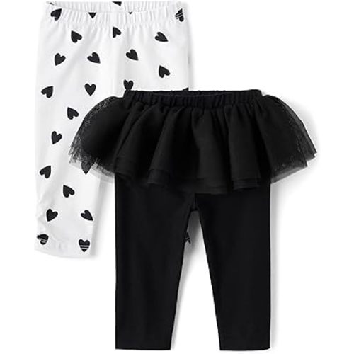 The Children's Place,Baby Girls,and Newborn Knit Pull On Pants,Black Ruffle/White Hearts 2-Pack,0 Months,3 Months
