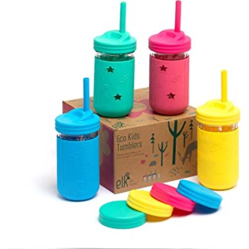 Elk and Friends Kids & Toddler Cups | The Original Glass Mason Jars 12 oz with Silicone Sleeves & Straws | Smoothie Spill Proof Cups