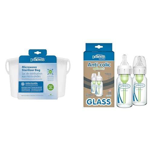Dr. Brown's Reusable Silicone Sterilizer Bag, Narrow Glass Baby Bottles with Anti-Colic Vent System, Level 1 Slow Flow Nipples, 120mL 2 Pack