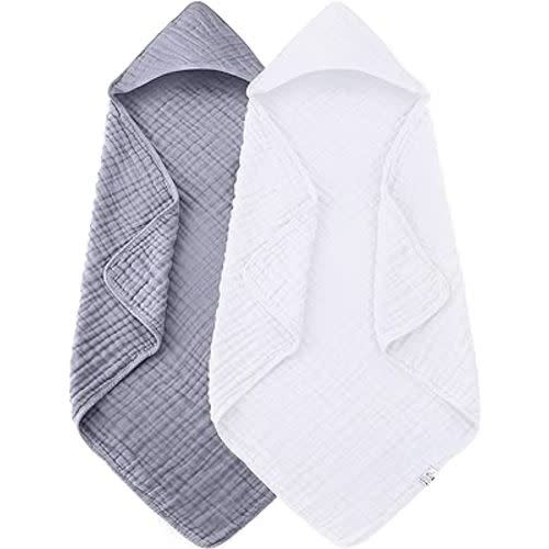 2 Pack Hooded Baby Towels - 100% Muslin Cotton for Newborns, Infants, Toddlers - Large 32x32Inch Size - Highly Absorbent and Essential for Newborn Care, White and Grey