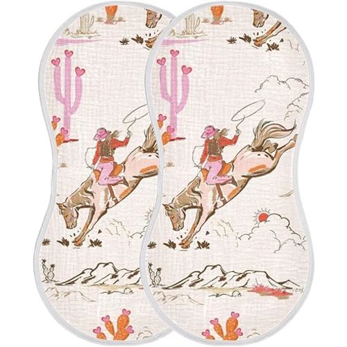 Cute Rodeo Cowgirl Muslin Baby Burp Cloths - Super Absorbent and Soft Burping Rags - Cotton Burp Clothes Set for Boys and Girls, 2 Pack