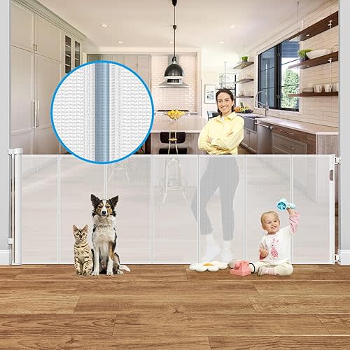 Reinforced 42” Extra Tall X 159” Extra Wide Retractable Gate Indoor Prevent Kids and Pets from Getting Through Tall Retractable Baby Gates for Doorways Pet Gates for Wide Openings Mesh Baby Gate White