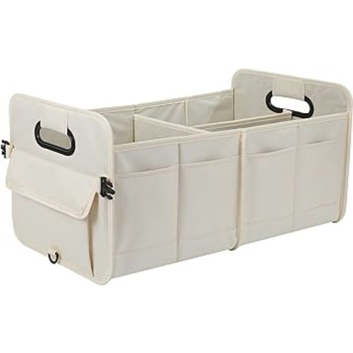 AOKJOY Car Trunk Organizer Car Storage Organizer Collapsible Multi Compartment Car Organizer Adjustable Straps Car Organizer for SUV(Beige)