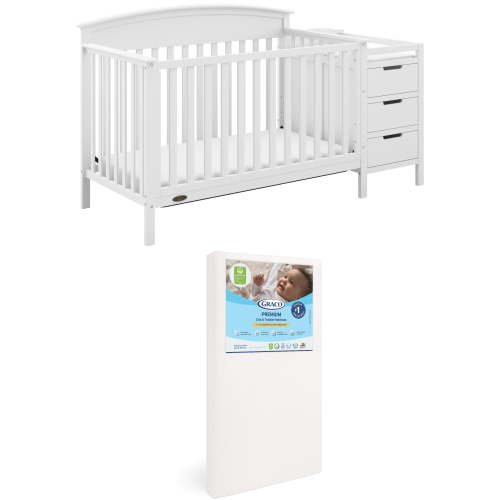 Graco Benton 4-in-1 Convertible Crib and Changer and Premium Crib & Toddler Mattress Bundle, White