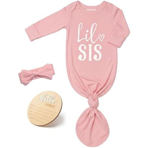 Little Baby Sister Newborn Girl Outfit, Cute Knotted Gown 0-3 Month Soft Infant Going Home Sleepers