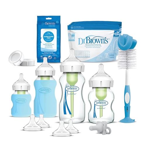 Dr. Brown’s Natural Flow Anti-Colic Options+ Wide-Neck Glass Baby Bottle Starter Set with 100% Silicone Glass Bottle Sleeves, Baby Bottle Brush, Prevent Pacifier and Pacifier and Bottle Wipes