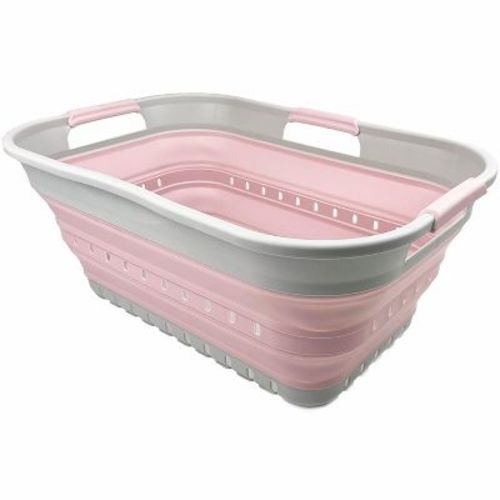SAMMART Super Mini Collapsible Plastic Basket with 3 Handles 21L (5.5 gallon) Grey/Pale Pink