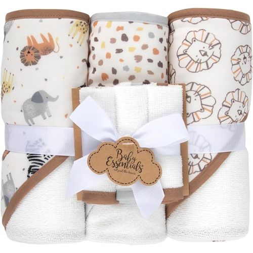 Baby Bath Essential Hooded Baby Bath Towel and Washcloth 6 Piece Set for Newborns, Infants & Toddlers, Boys & Girls Baby Hooded Towels Set (Safari Animals)