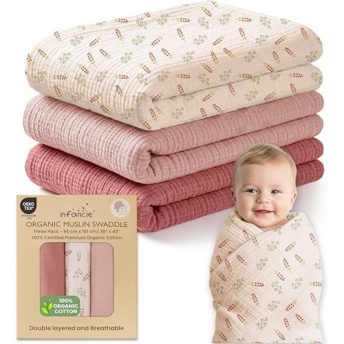 100% Organic Cotton Muslin Baby Blanket 3 Pack - Breathable Swaddle, Hypoallergenic Double-Layer, Versatile Use (Pink, Floral, Rust, 38x40 Inch)