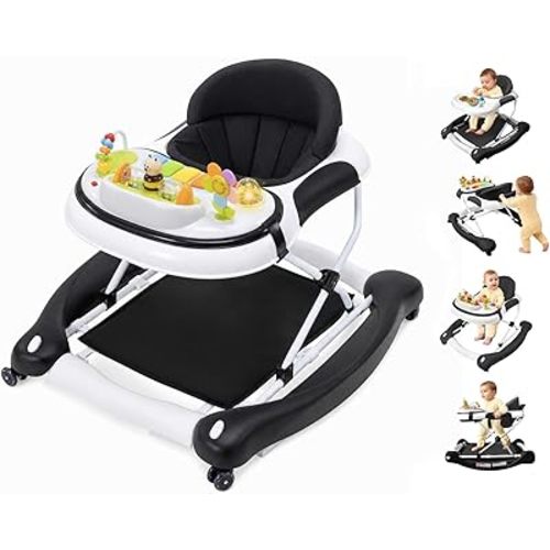 5 in 1 Baby Walker, Music and Lights Walker for Baby Boy Girls 6-12 Months, Foldable Baby Walkers with Wheels and Bouncer Combo Portable, Toddler Infant Walker with Adjustable Height