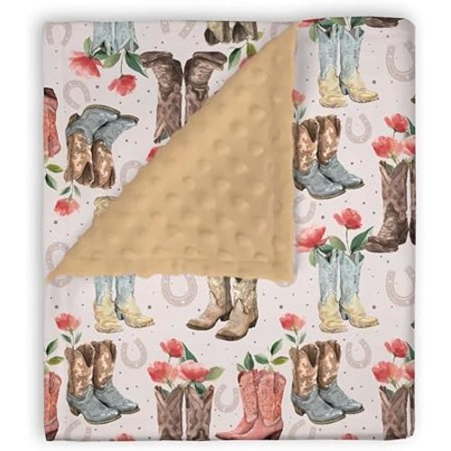 Mink Baby Girl Blankets Boho Western Cowgirl Boots Brown, Wild West Retro Floral Double Layer Dotted Backing Receiving Swaddle, Newborn Infant Toddler Nursery Crib Bedding Shower Gift 30 x 40
