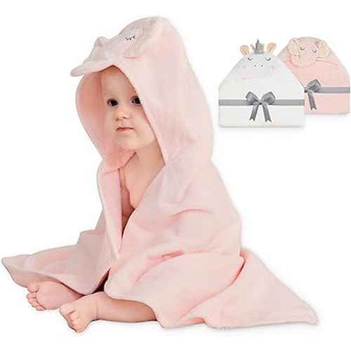 Viviland 2 Pack Hooded Baby Towels, Soft 100% Cotton Baby Bath Towels with Hood, Extra Thick and Absorbent, Essential for Newborns, Kids, Infants - Girls and Boys (Unicorn & Pink Elephant)