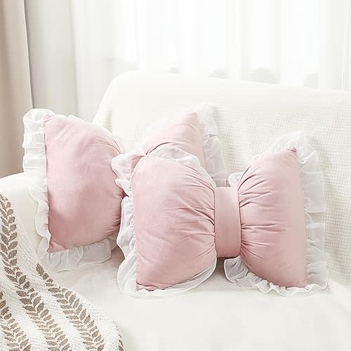 Yousoontic 2 Pcs Bow Pillow 15.7 * 12.6 in Pink Coquette Throw Pillow Cute Bow Shaped Cushion Velvet Plush Lumbar Decorative for Girls Room Bed Sofa Couch Car(Pink)