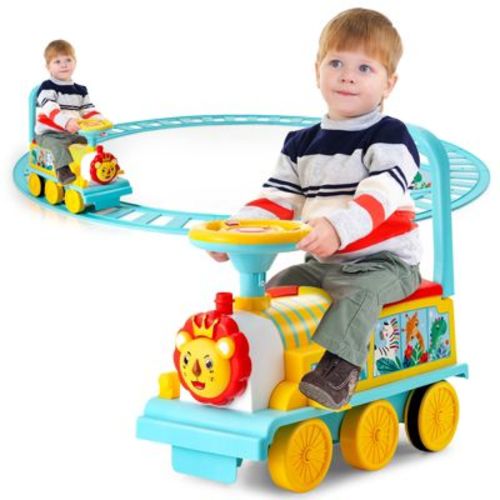 Costway 6v Electric Kids Ride On Train Motorized Train Toy W/ Track & 6 Wheels Blue
