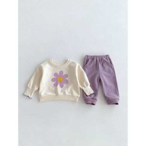 MyKids-USA Cute and Versatile Two-Piece Set: Flowers Printed Top and Solid Color Pants for Baby Girls and Toddlers Purple 73 (6-9M)