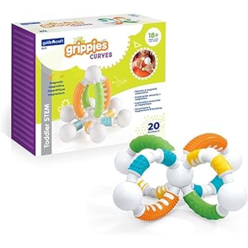 Guidecraft Grippies Curves - 20 Piece Set, Stem Soft Grip Magnetic Building Toy for Toddlers