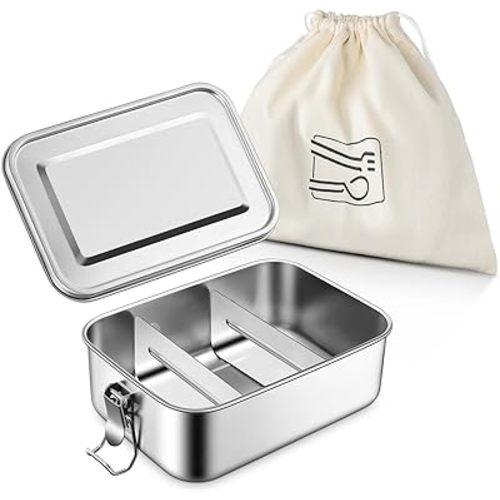 TeamFar Stainless Steel Bento Box, 28oz/850ML Small Metal Bento Lunch Box Container for Adults/Kids, for Home/School/Office/Travel, With 2 Removable Dividers, Leak-Proof & Dishwasher Safe