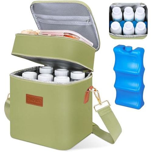 PIIOSER Breastmilk Cooler Bag with Ice Pack Fits 6 Baby Bottles Up to 9 Ounce, Insulated Baby Bottle Tote Bags, Double Layer Waterproof Leak-Proof with Shoulder Strap for Nursing & Working Mom (Green)
