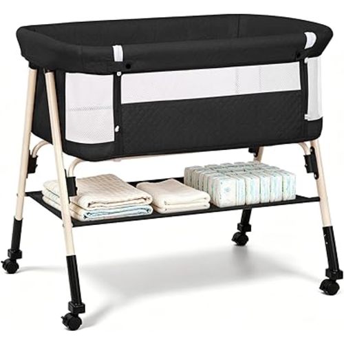 Baby Bassinet, 3-in-1 Baby Bassinets Bedside Sleeper for Newborn with Breathable Mesh, Portable Baby Crib with 4- Adjustable Height, Mattress, Storage Basket & Lockable Wheels, CPSC Black