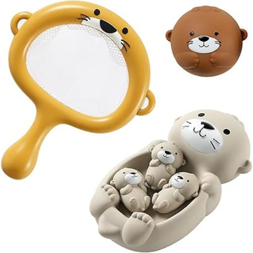 Otter Bath Toy, Otter Family Tub Toy Bathtub Floating Toy for Kids - Soft Vinyl and ABS Plastic Material - No Hole One-Piece Design (Otter Playset + Fishing Net + 1 Balls)
