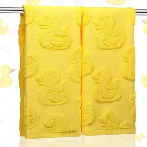 2 Pcs Rubber Ducky Hand Towels for Bathroom Yellow Duck Jacquard Weave 100% Cotton Absorbent Decorative Dish Bath Towels for Bathroom Kitchen Decor, 14 x 29 Inches