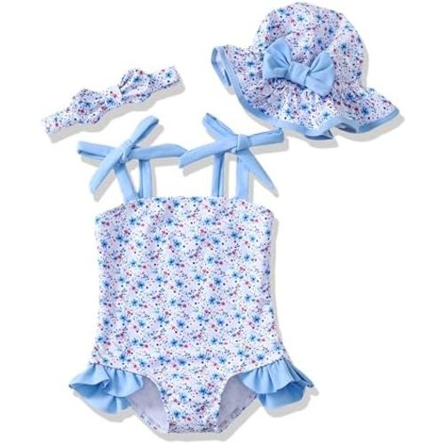Renotemy Baby Girl Swimsuit Toddler Girls One-Piece Swimsuit Summer Beach Bikini Girl Bathing Suits with Hat 0-24 Month