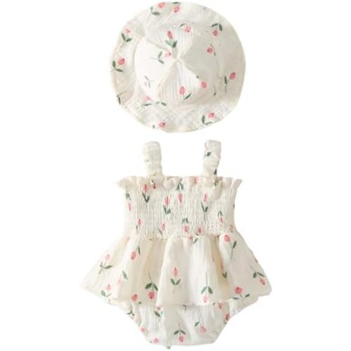 Mubineo Baby Girl Clothes Summer Dress Cotton Linen Romper Sleeveless Smocked Rompers Sun Dress Hat Skirt Boho Outfits