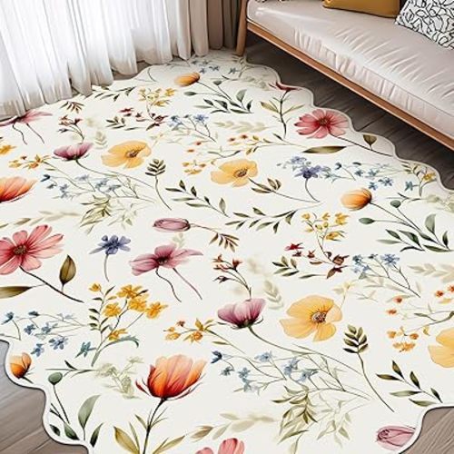 Wildflower Rug Boho Floral Area Rugs 4'x6' Cute Sweet Scalloped Throw Rugs Aesthetic Colorful Soft Bedroom Carpet for Living Room Dining Playroom Nursery Family Indoor Dorm