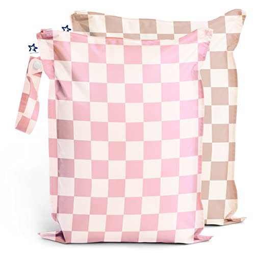 Tiny Twinkle Mess Proof Wet Bags | 2-Pack Reusable Waterproof Wet Bags for Swimsuits | Baby Clothes | Travel & Diaper Bag (Pink, Brown Checkers)