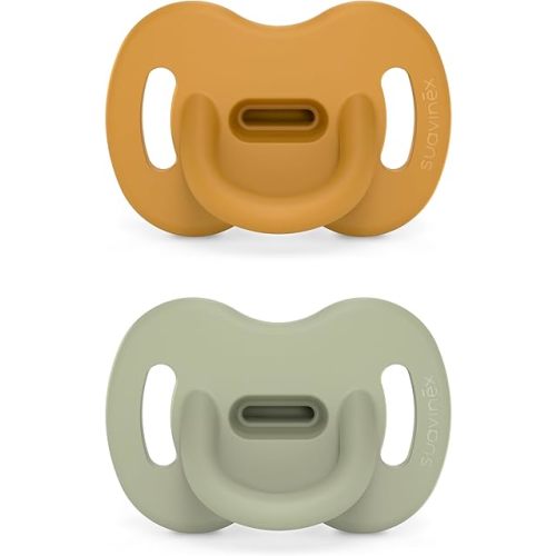 Color Essence SX PRO Silicone Baby Pacifier 2Pk, Made with 100% Soft Silicone, Baby Essentials Perfect for Breastfeeding Babies, Designed in Spain, 0-6 Mths, Mustard/Green