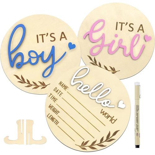 Baby Announcement Sign, Gender Reveal Sign for Baby Birth, 3PCS Its a Boy/Girl and Hello World Newborn Welcome Board Wooden Name Announcement Plaque for Hospital Shower Party Photo Props