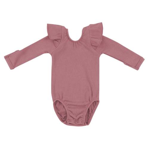 Ribbed Long Sleeve Ruffle Leotard - Dusty Rose | The Baby Cubby