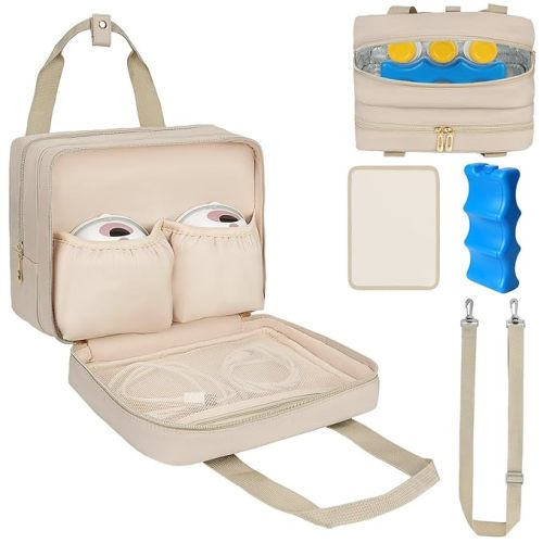 Breastmilk Cooler Travel Bag, Wearable Breast Pump Storage Bag Compatible with Momcozy/Eufy/Elvie/Willow/Medela Breast Pump with Ice Pack and Waterproof Mat,Khaki