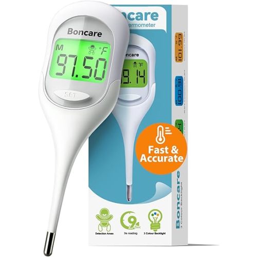 Boncare 9 Seconds Basal Body Thermometer for Ovulation, Oral Thermometer for Adults and Kids - Accurate Rectal Thermometer for Baby, with Fever Alarm and Large Display, FSA HSA Eligible (Rice-White)