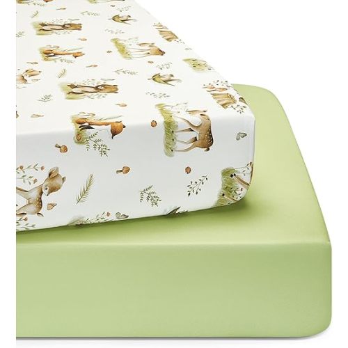 TILLYOU Baby Crib Sheets, Super Soft Toddler Bed Sheets, 2 Pack Sheets for Standard Crib Mattress 28x52in, Playing in The Woods and Green
