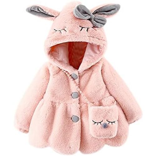 Infant Baby Girls Winter Coat Faux Fur Fleece Jacket Bunny Ear Hooded Coat with Bag Thick Button up Bubble Jacket